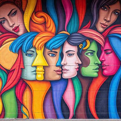 The primary subject of the image is a mural featuring a diverse group of women. The mural is painted on a wall, and the setting is an urban environment. The visual style of the image is a combination of digital art and illustration, creating a vibrant and colorful scene. The dominant colors in the mural are various shades of pink, green, and blue, which contribute to a lively and cheerful atmosphere.